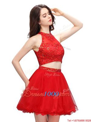 Customized Mini Length Coral Red Prom Gown High-neck Sleeveless Zipper