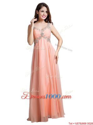 Super Peach Backless Prom Gown Beading Sleeveless Floor Length