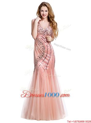 Vintage Mermaid Peach Lace Up Beading Sleeveless Floor Length