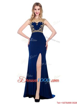 Sleeveless Sweep Train Beading and Appliques Zipper Prom Dresses