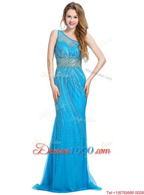 Brush Train Column/Sheath Prom Dresses Baby Blue One Shoulder Tulle Sleeveless With Train Zipper