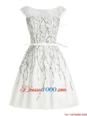 White Scoop Zipper Beading Prom Party Dress Cap Sleeves