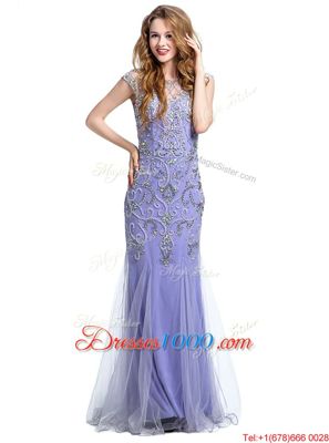 Mermaid Scoop Tulle Cap Sleeves Floor Length Prom Dress and Beading