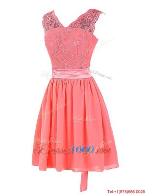 Edgy Mini Length Zipper Prom Dress Watermelon Red and In for Prom and Party with Lace and Sashes|ribbons