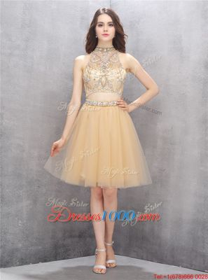 Champagne Sleeveless Knee Length Beading Zipper Prom Dress