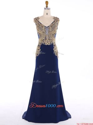 Beauteous Mermaid Sleeveless Navy Blue Sweep Train Zipper