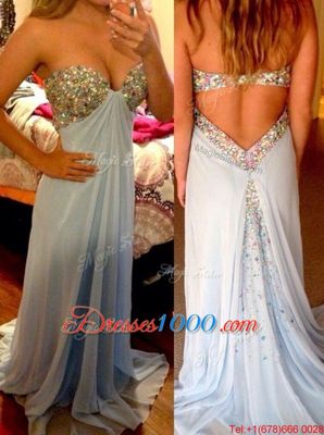 Captivating Backless Sweetheart Sleeveless Homecoming Dress Brush Train Beading Light Blue Chiffon