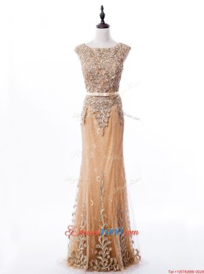 Shining Mermaid Scoop Lace Gold Zipper Homecoming Dress Beading Sleeveless Brush Train