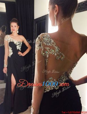 Admirable Mermaid Black Prom and For with Beading One Shoulder Long Sleeves Sweep Train Side Zipper