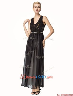 Amazing Black A-line V-neck Sleeveless Chiffon Ankle Length Backless Beading and Pleated Homecoming Dress