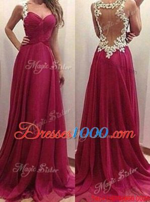 Dynamic Burgundy Chiffon Zipper Prom Evening Gown Sleeveless Floor Length Appliques