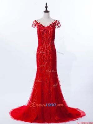 Admirable Mermaid Lace Red Scoop Zipper Beading and Appliques Brush Train Cap Sleeves