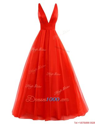 Coral Red Sleeveless Brush Train Pleated Evening Dress