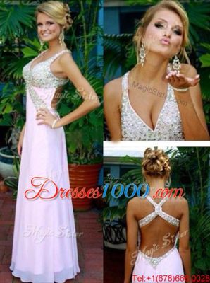 V-neck Sleeveless Chiffon Prom Party Dress Beading Criss Cross