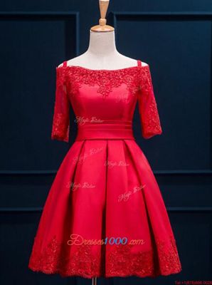 Gorgeous Off the Shoulder Half Sleeves Satin Mini Length Lace Up Dress for Prom in Red for with Appliques and Pleated