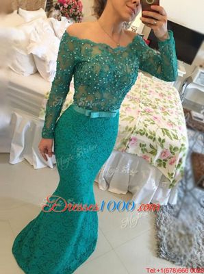 Fantastic Mermaid Lace Floor Length Green Bateau Long Sleeves Backless