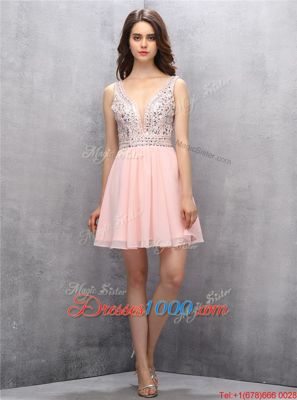 Knee Length Baby Pink Evening Dress V-neck Sleeveless Zipper