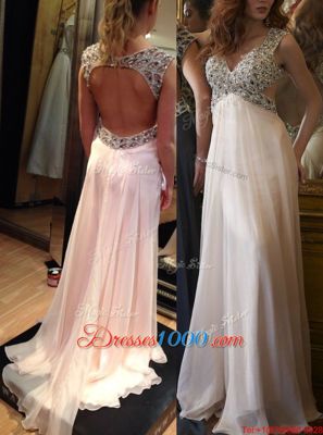 Perfect Backless V-neck Sleeveless Prom Gown Brush Train Ruching Pink Chiffon