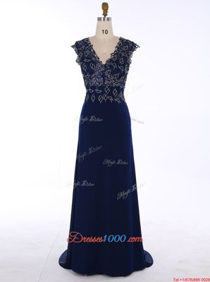 Elegant Navy Blue Homecoming Dress V-neck Sleeveless Sweep Train Zipper