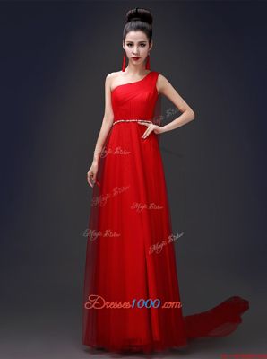 One Shoulder Red Sleeveless Beading Floor Length