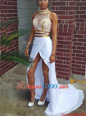 White Chiffon Zipper Scoop Sleeveless Prom Evening Gown Court Train Beading