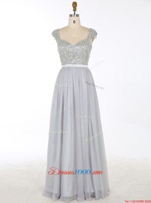 Perfect Grey V-neck Neckline Beading and Appliques Prom Dress Sleeveless Zipper