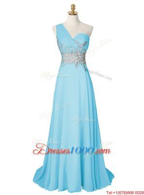 With Train Aqua Blue Homecoming Dress One Shoulder Sleeveless Brush Train Side Zipper