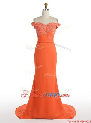 Noble Mermaid Off the Shoulder Orange Zipper Prom Evening Gown Lace Sleeveless With Train Sweep Train