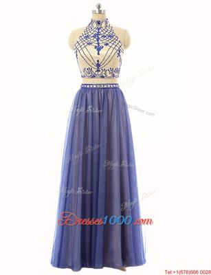 Tulle High-neck Sleeveless Zipper Beading in Blue