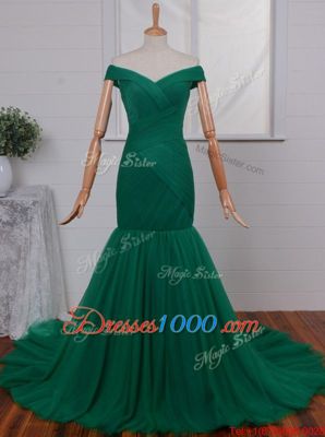 Mermaid Green Off The Shoulder Zipper Ruching Homecoming Dress Court Train Sleeveless