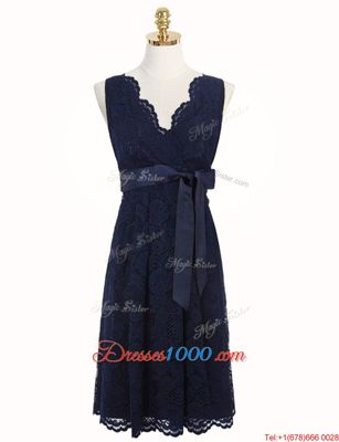 High Quality Lace Navy Blue V-neck Neckline Sashes|ribbons and Bowknot Prom Dresses Sleeveless Zipper