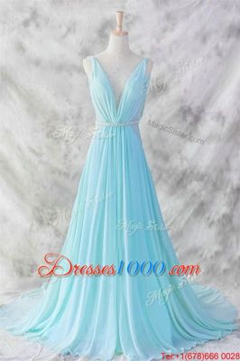 Glorious A-line Sleeveless Baby Blue Evening Dress Brush Train Backless