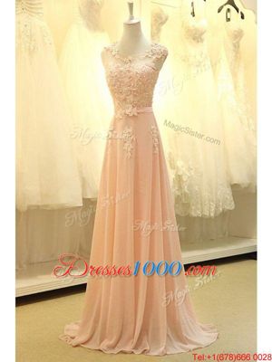 Modern Peach Scoop Zipper Lace and Belt Prom Evening Gown Sweep Train Sleeveless