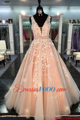 Inexpensive Peach Straps Zipper Lace Evening Dress Sleeveless