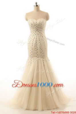 Mermaid Champagne Sweetheart Zipper Beading Dress for Prom Brush Train Sleeveless