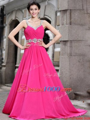 Smart Hot Pink Sleeveless Brush Train Beading Prom Evening Gown