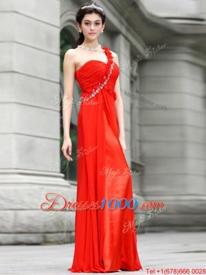 One Shoulder Sleeveless Zipper Floor Length Beading and Hand Made Flower Prom Evening Gown