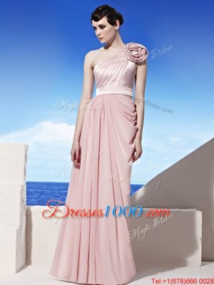 Luxurious One Shoulder Chiffon Sleeveless Floor Length Prom Evening Gown and Ruching and Hand Made Flower