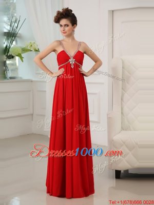 Most Popular Red Chiffon Zipper V-neck Sleeveless Floor Length Prom Party Dress Beading and Ruching