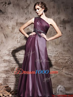 Flirting Purple Satin Side Zipper One Shoulder Sleeveless Floor Length Prom Party Dress Beading and Ruching