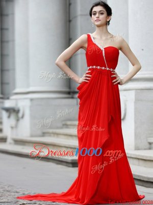 Flirting Red Chiffon Zipper One Shoulder Sleeveless With Train Prom Gown Brush Train Beading and Ruching