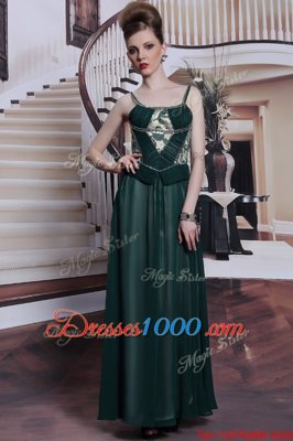 Eye-catching Teal Column/Sheath Spaghetti Straps Sleeveless Chiffon Floor Length Zipper Embroidery Prom Evening Gown