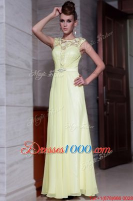 Simple Scoop Cap Sleeves Prom Party Dress Floor Length Beading and Hand Made Flower Light Yellow Chiffon