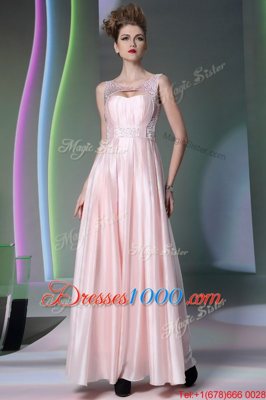 Scoop Floor Length Baby Pink Evening Dress Silk Like Satin Sleeveless Beading