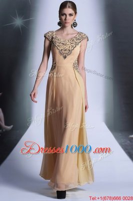 Scoop Peach Empire Beading and Appliques Prom Evening Gown Side Zipper Chiffon Cap Sleeves Floor Length