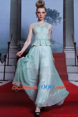 High Quality Light Blue Scoop Neckline Lace and Belt Prom Dresses Sleeveless Side Zipper