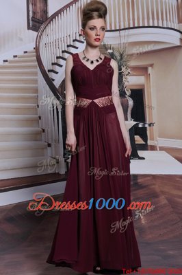 Burgundy Straps Neckline Beading and Ruching Sleeveless Zipper