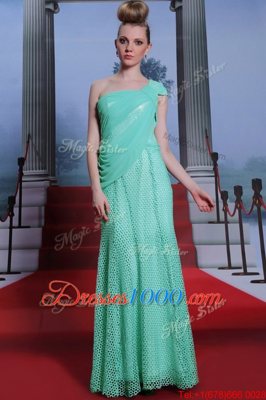 One Shoulder Turquoise Chiffon Side Zipper Prom Party Dress Sleeveless Floor Length Ruching