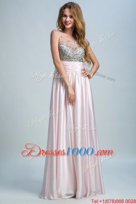 Baby Pink Chiffon Side Zipper Homecoming Dress Sleeveless Floor Length Beading and Ruching