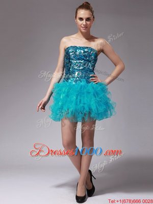 Latest Strapless Sleeveless Cocktail Dresses Mini Length Beading and Ruffles Aqua Blue Organza